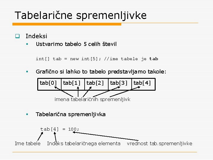 Tabelarične spremenljivke q Indeksi § Ustvarimo tabelo 5 celih števil int[] tab = new