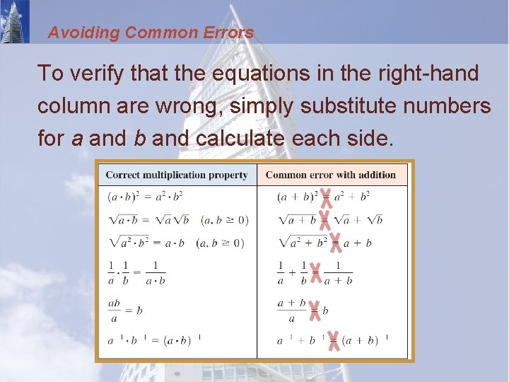 Avoiding Common Errors To verify that the equations in the right-hand column are wrong,