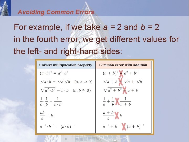 Avoiding Common Errors For example, if we take a = 2 and b =