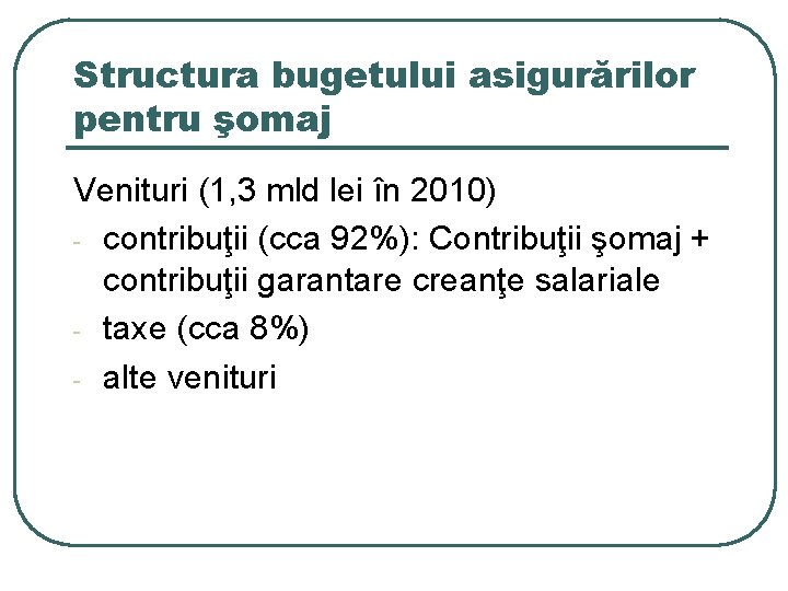 Structura bugetului asigurărilor pentru şomaj Venituri (1, 3 mld lei în 2010) - contribuţii