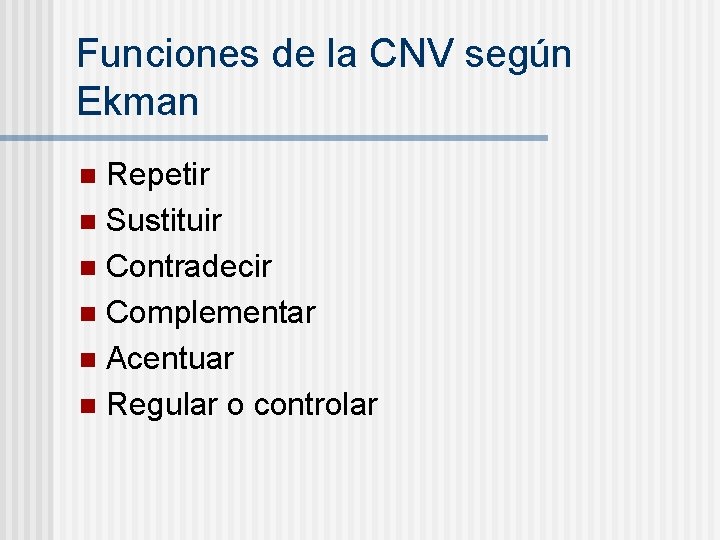 Funciones de la CNV según Ekman Repetir n Sustituir n Contradecir n Complementar n