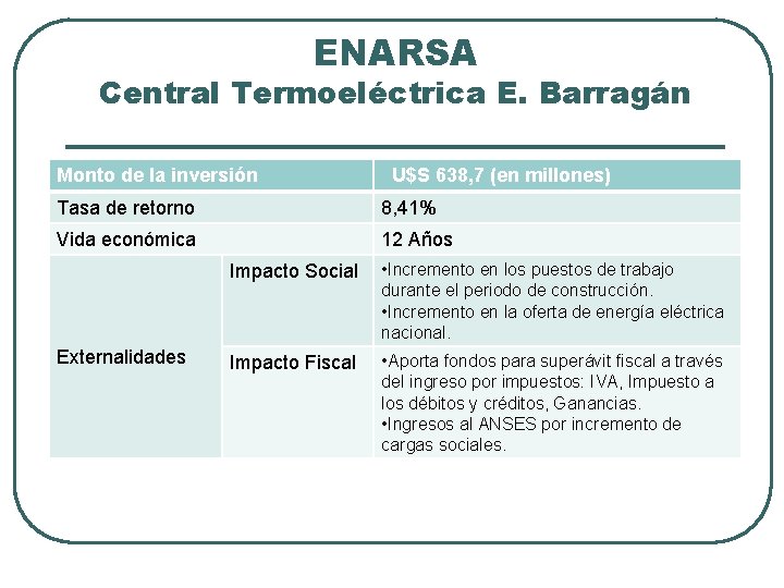 ENARSA Central Termoeléctrica E. Barragán Monto de la inversión U$S 638, 7 (en millones)