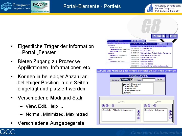 Portal-Elemente - Portlets • Eigentliche Träger der Information – Portal-„Fenster“ • Bieten Zugang zu