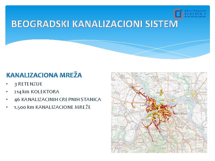 BEOGRADSKI KANALIZACIONI SISTEM KANALIZACIONA MREŽA • • 3 RETENZIJE 214 km KOLEKTORA 46 KANALIZACINIH