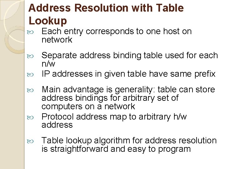 Address Resolution with Table Lookup Each entry corresponds to one host on network Separate