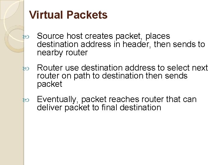 Virtual Packets Source host creates packet, places destination address in header, then sends to