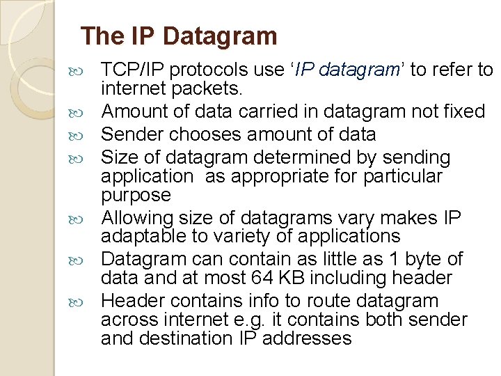 The IP Datagram TCP/IP protocols use ‘IP datagram’ to refer to internet packets. Amount