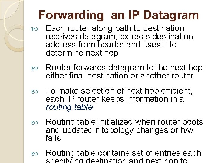 Forwarding an IP Datagram Each router along path to destination receives datagram, extracts destination