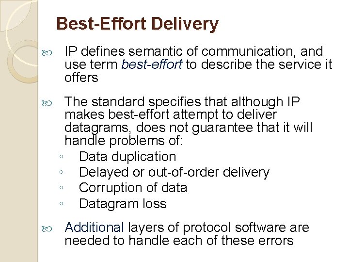Best-Effort Delivery IP defines semantic of communication, and use term best-effort to describe the