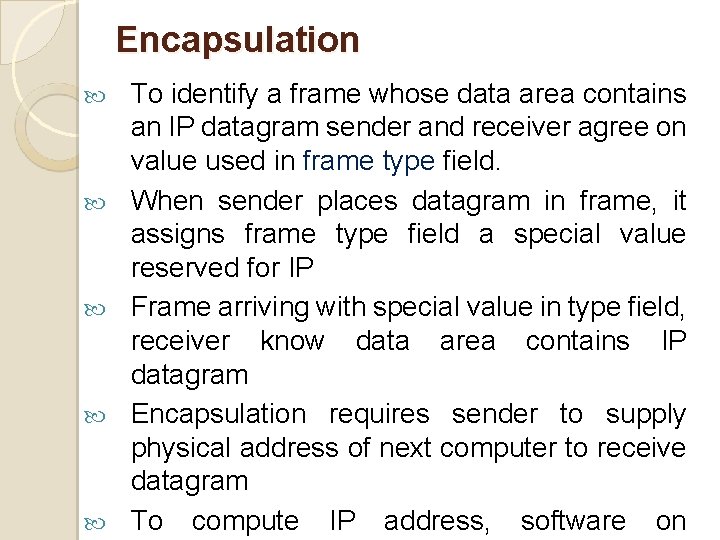 Encapsulation To identify a frame whose data area contains an IP datagram sender and