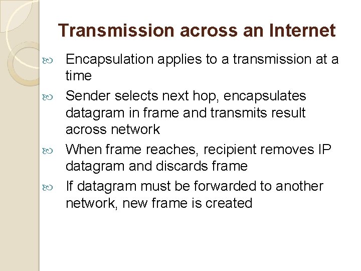 Transmission across an Internet Encapsulation applies to a transmission at a time Sender selects