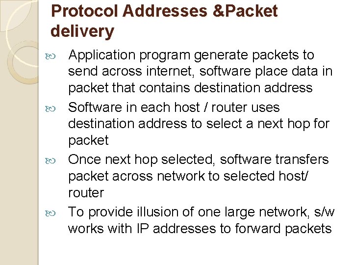 Protocol Addresses &Packet delivery Application program generate packets to send across internet, software place