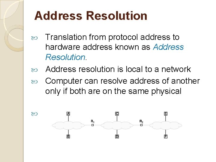 Address Resolution Translation from protocol address to hardware address known as Address Resolution. Address