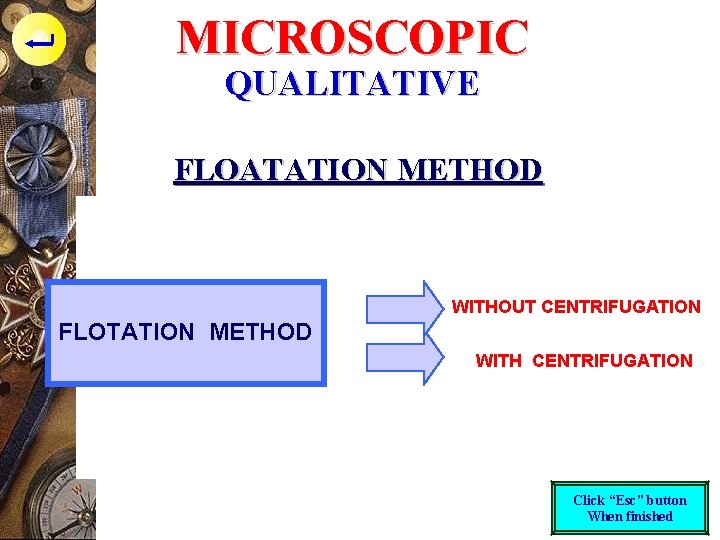 MICROSCOPIC QUALITATIVE FLOATATION METHOD p. Berdasarkan BJ telur < BJ larutan WITHOUT CENTRIFUGATION p.