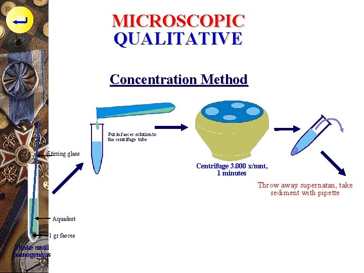 MICROSCOPIC QUALITATIVE Concentration Method Put in faeces solution to the centrifuge tube Stirring glass