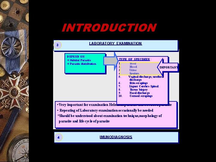 INTRODUCTION 3 LABORATORY EXAMINATION DEPEND ON : v. Habitat Parasite v. Parasite distribution TYPE