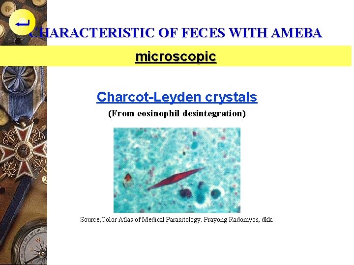 CHARACTERISTIC OF FECES WITH AMEBA microscopic Charcot-Leyden crystals (From eosinophil desintegration) Source; Color Atlas