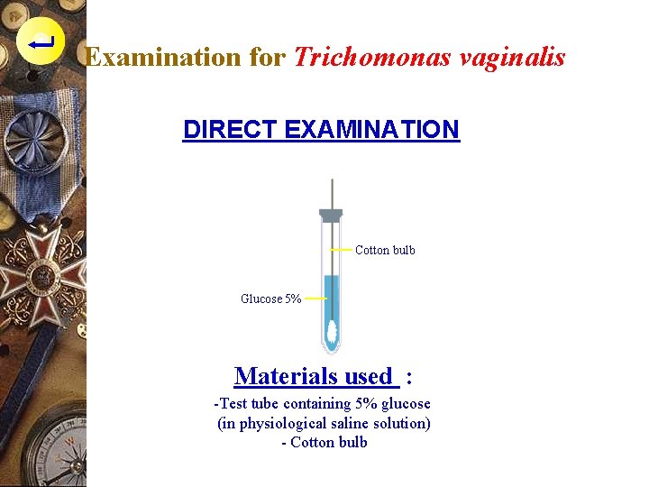 Examination for Trichomonas vaginalis DIRECT EXAMINATION Cotton bulb Glucose 5% Materials used : -Test