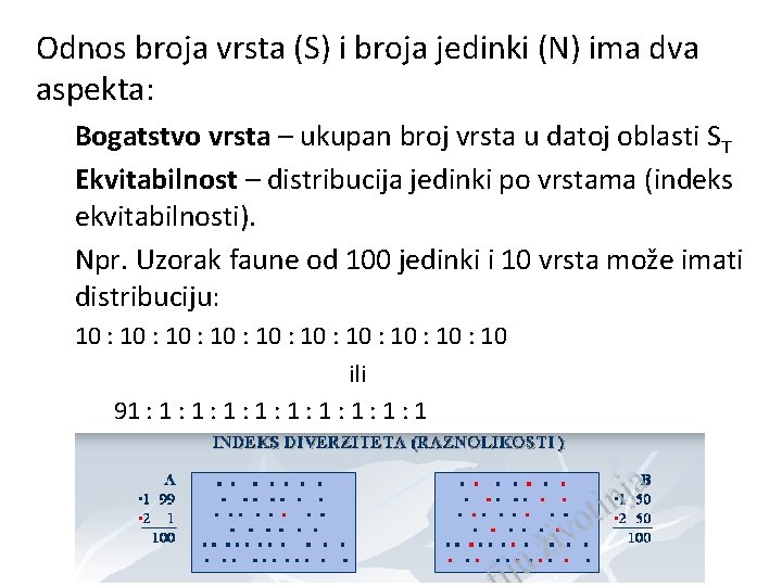 Odnos broja vrsta (S) i broja jedinki (N) ima dva aspekta: Bogatstvo vrsta –