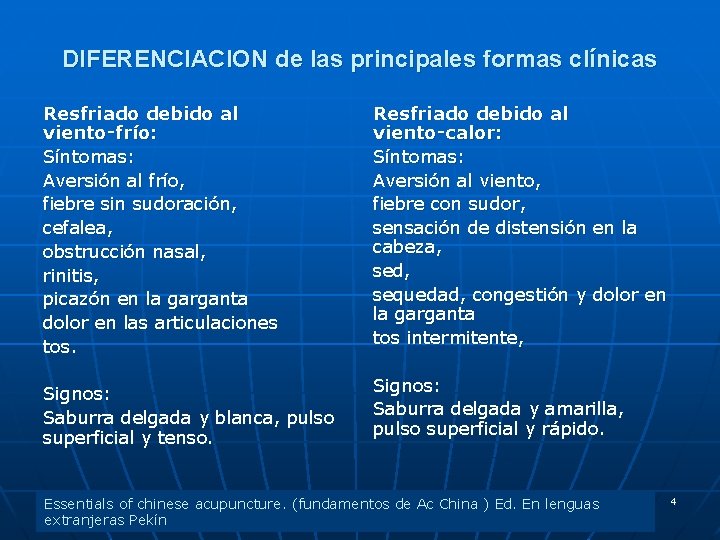 DIFERENCIACION de las principales formas clínicas Resfriado debido al viento‑frío: Síntomas: Aversión al frío,