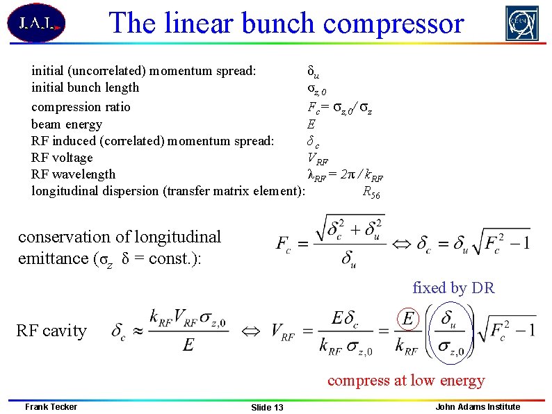 The linear bunch compressor initial (uncorrelated) momentum spread: δu initial bunch length σz, 0