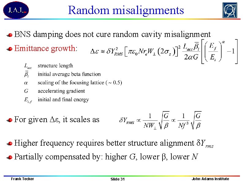 Random misalignments BNS damping does not cure random cavity misalignment Emittance growth: ~ For