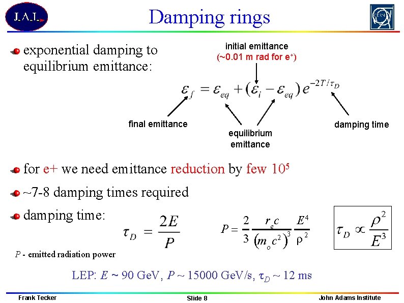 Damping rings initial emittance (~0. 01 m rad for e+) exponential damping to equilibrium