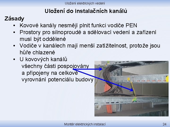 Uložení elektrických vedení Uložení do instalačních kanálů Zásady • Kovové kanály nesmějí plnit funkci