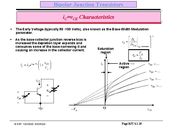 Bipolar Junction Transistors i. C=v. CE Characteristics § The Early Voltage (typically 50 -100