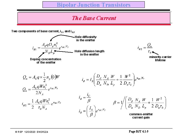 Bipolar Junction Transistors The Base Current Two components of base current, i B 1