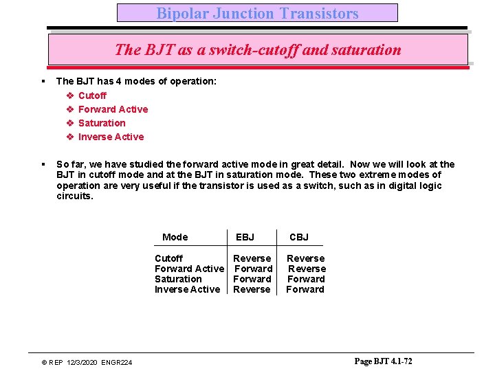 Bipolar Junction Transistors The BJT as a switch-cutoff and saturation § The BJT has