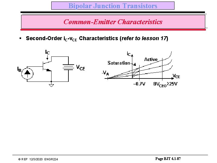 Bipolar Junction Transistors Common-Emitter Characteristics § Second-Order i. C-v. CE Characteristics (refer to lesson