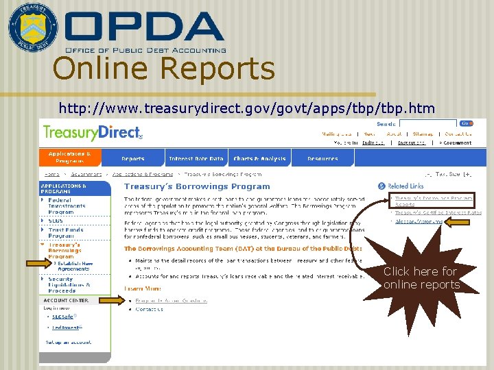 Online Reports http: //www. treasurydirect. gov/govt/apps/tbp. htm Click here for online reports 