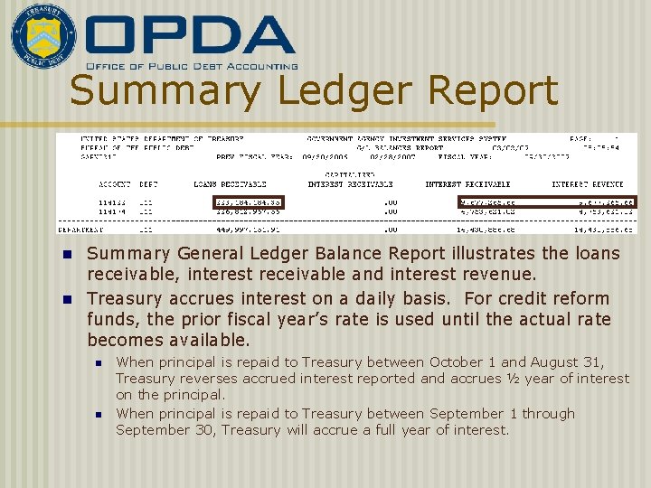 Summary Ledger Report n n Summary General Ledger Balance Report illustrates the loans receivable,