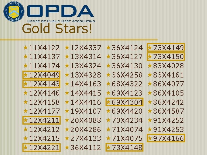 Gold Stars! 11 X 4122 11 X 4137 11 X 4174 12 X 4049