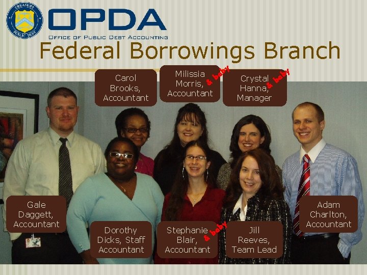 Federal Borrowings Branch Carol Brooks, Accountant Gale Daggett, Accountant Dorothy Dicks, Staff Accountant y
