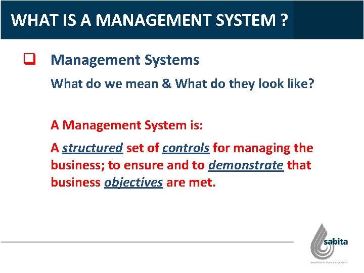 WHAT IS A MANAGEMENT SYSTEM ? q Management Systems What do we mean &