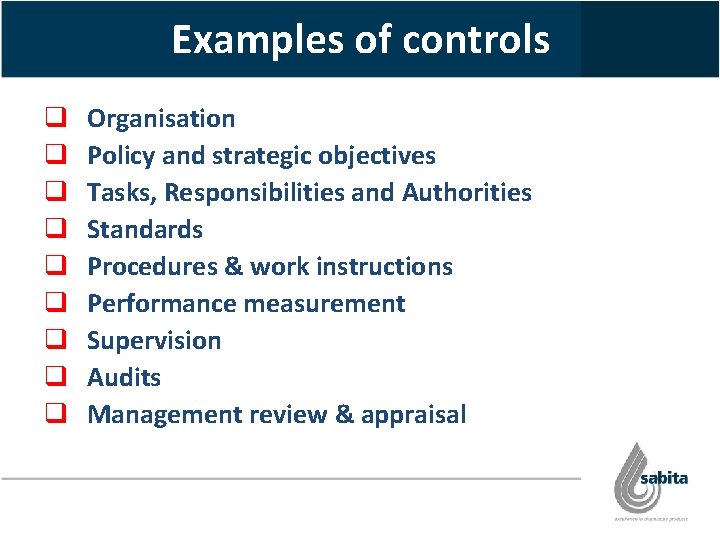 Examples of controls q q q q q Organisation Policy and strategic objectives Tasks,