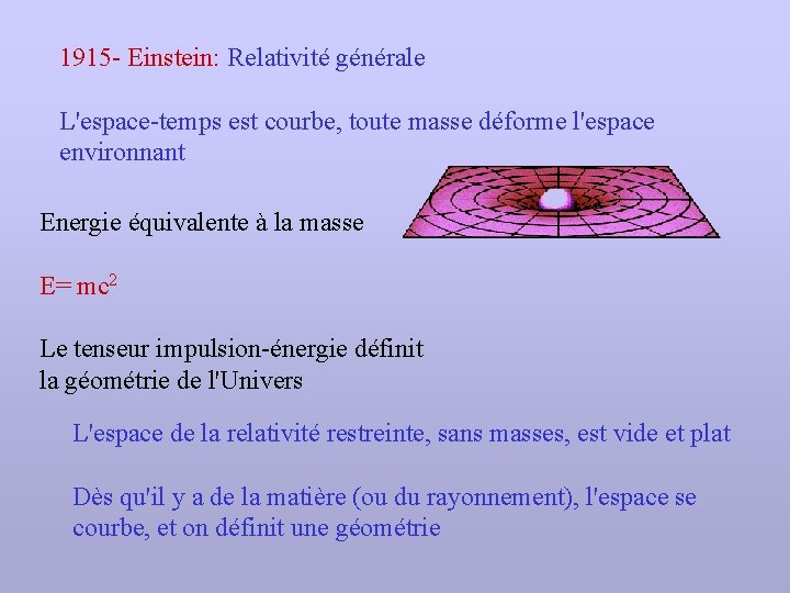 1915 - Einstein: Relativité générale L'espace-temps est courbe, toute masse déforme l'espace environnant Energie