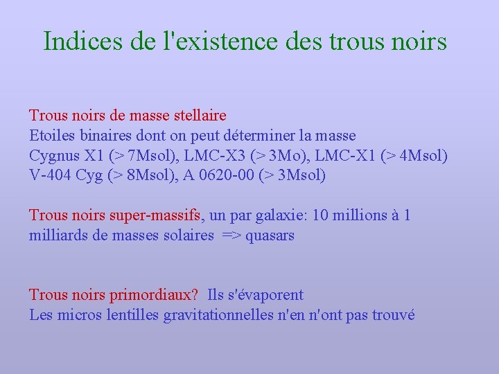 Indices de l'existence des trous noirs Trous noirs de masse stellaire Etoiles binaires dont