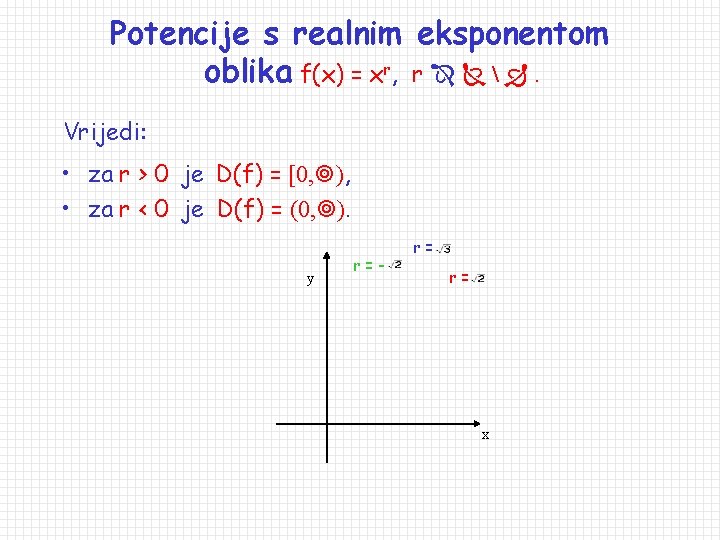 Potencije s realnim eksponentom oblika f(x) = xr, r  . Vrijedi: • za
