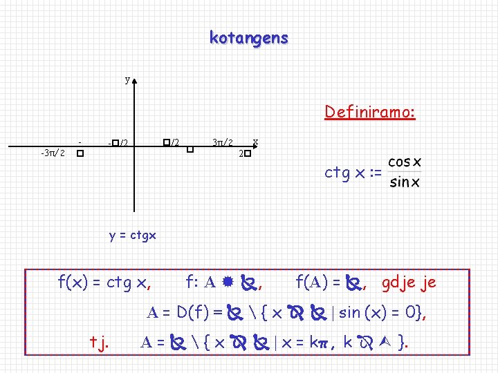 kotangens y Definiramo: -3π/2 /2 - /2 3π/2 x 2 ctg x : =