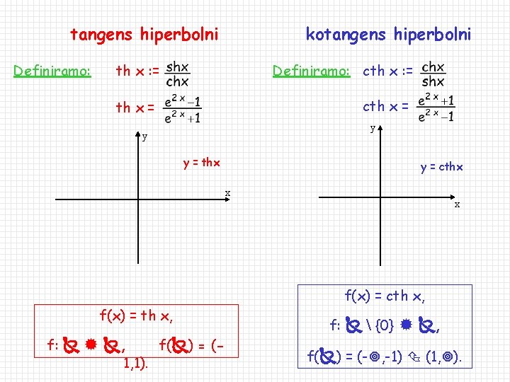 tangens hiperbolni Definiramo: kotangens hiperbolni th x : = Definiramo: cth x : =