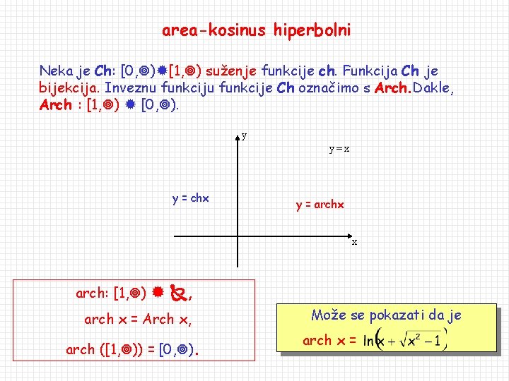 area-kosinus hiperbolni Neka je Ch: [0, ) [1, ) suženje funkcije ch. Funkcija Ch
