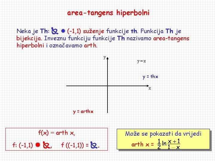 area-tangens hiperbolni Neka je Th: (-1, 1) suženje funkcije th. Funkcija Th je bijekcija.