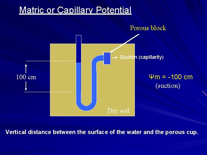 Matric or Capillary Potential Porous block Suction (capillarity) Ψm = -100 cm (suction) 100