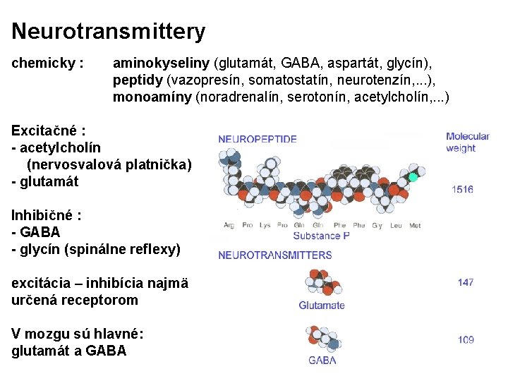 Neurotransmittery chemicky : aminokyseliny (glutamát, GABA, aspartát, glycín), peptidy (vazopresín, somatostatín, neurotenzín, . .