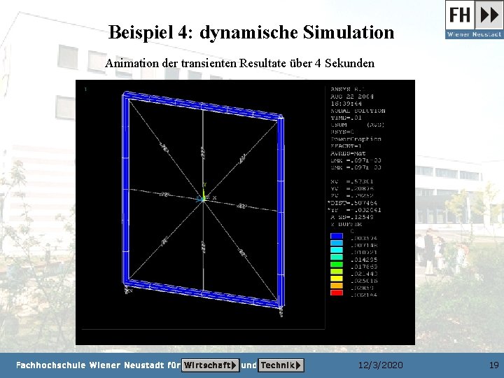 Beispiel 4: dynamische Simulation Animation der transienten Resultate über 4 Sekunden 12/3/2020 19 
