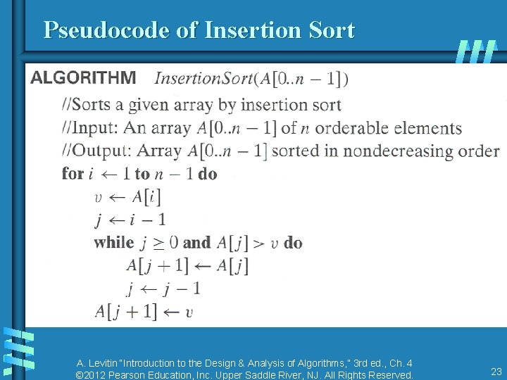 Pseudocode of Insertion Sort A. Levitin “Introduction to the Design & Analysis of Algorithms, Pseudocode of Insertion Sort A. Levitin “Introduction to the Design & Analysis of Algorithms,