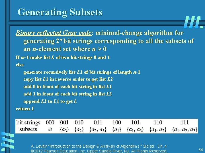 Generating Subsets Binary reflected Gray code: minimal-change algorithm for generating 2 n bit strings Generating Subsets Binary reflected Gray code: minimal-change algorithm for generating 2 n bit strings
